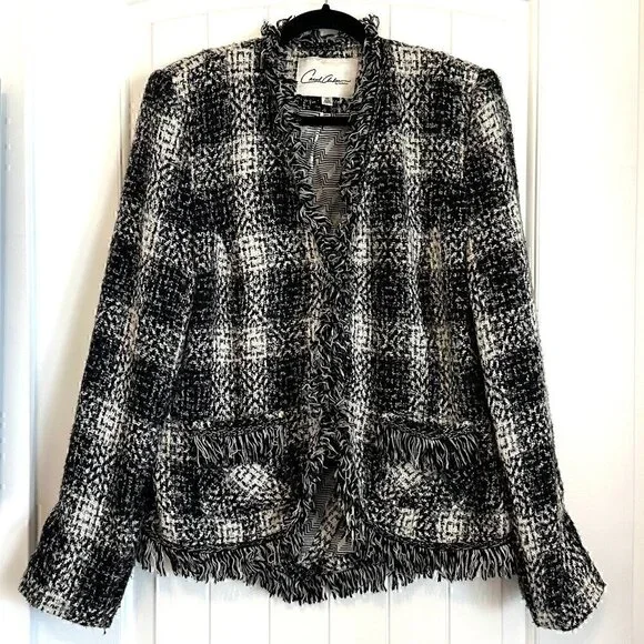 Carol Anderson VINTAGE tweed plaid fringe blazer jacket, women's size 10 - Picture 2 of 15